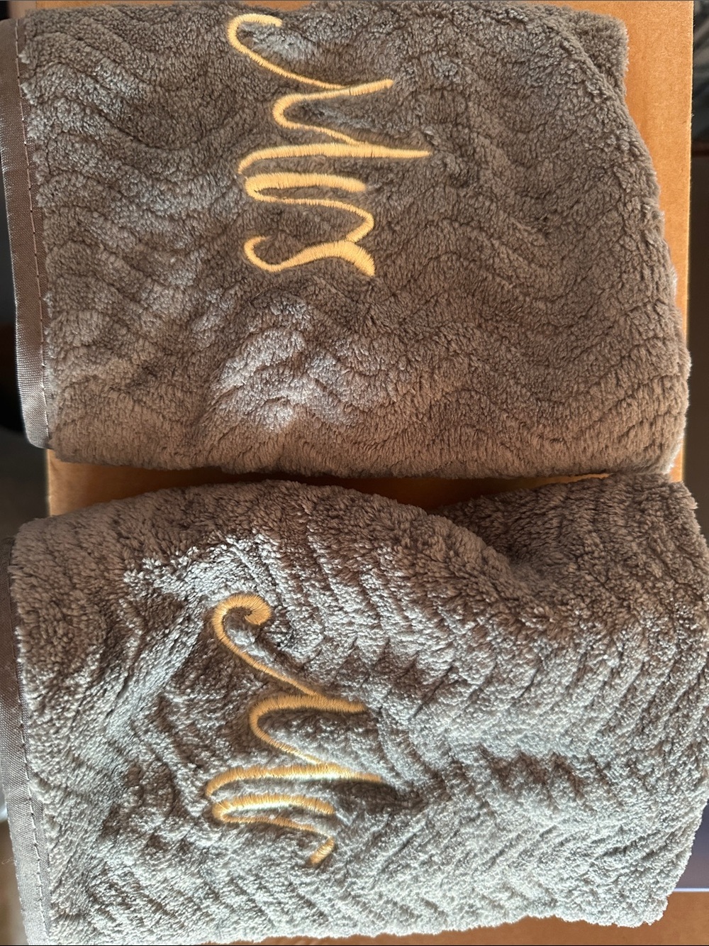 Embroidered Monogram 'Mrs' ‘Mr’ Gray Towel Set (6) with Gold Script - Picture 3 of 3